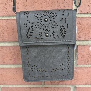 NWT Milaeger’s Leather Stud Laser-Cut Gray Crossbody Purse Long Adjustable Strap
